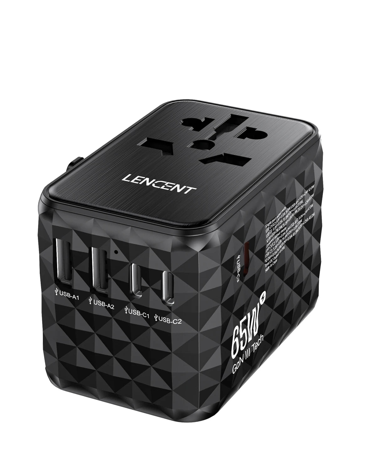 LENCENT 65W GaN Universal Travel Adapter with 2 USB  3 Type C Fast Charging All-in-one Travel Charger EU/UK/USA/AUS for Travel