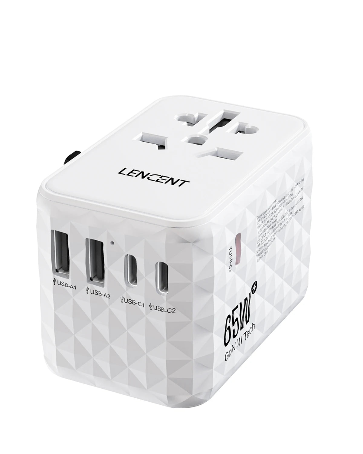LENCENT 65W GaN Universal Travel Adapter with 2 USB  3 Type C Fast Charging All-in-one Travel Charger EU/UK/USA/AUS for Travel