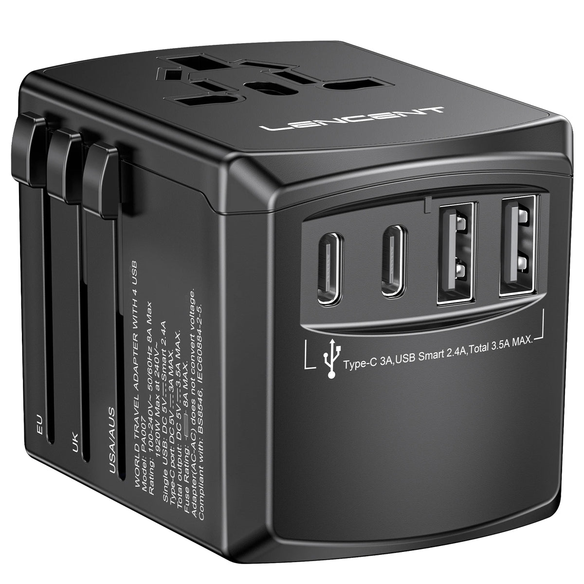 LENCENT Universal Travel  Adapter International  Plug Adaptor with 2 USB-C +2 USB-A Ports Wall Charger for EU UK USA AUS Travel