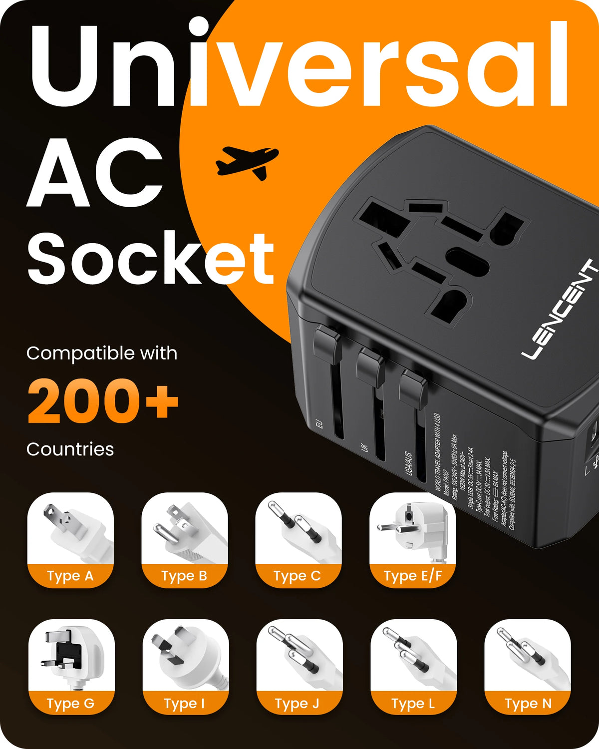 LENCENT Universal Travel  Adapter International  Plug Adaptor with 2 USB-C +2 USB-A Ports Wall Charger for EU UK USA AUS Travel