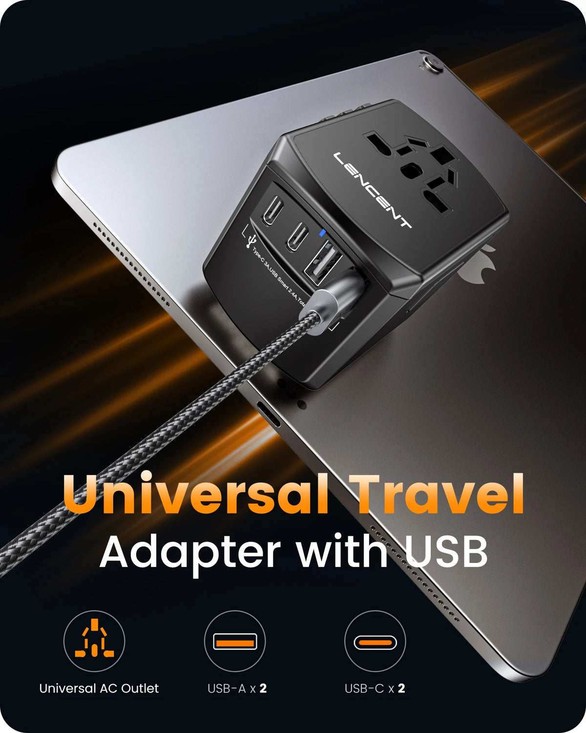 LENCENT Universal Travel  Adapter International  Plug Adaptor with 2 USB-C +2 USB-A Ports Wall Charger for EU UK USA AUS Travel